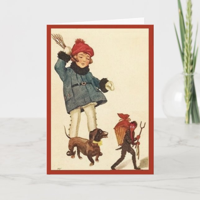 Halloween Girl &  Dachshund Chase Devil Card (Front)