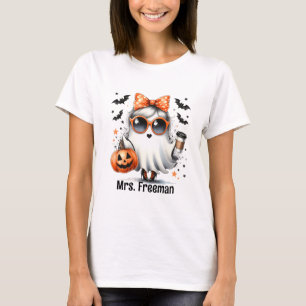 Halloween Girl Ghost with Coffee and Pumpkin T-Shirt