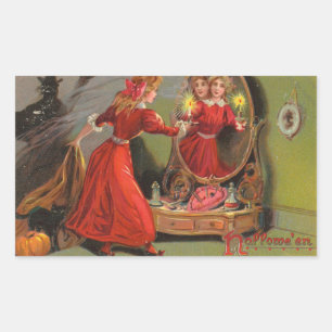 Hallowe'en Girl Mirror Reflection Vintage Rectangular Sticker