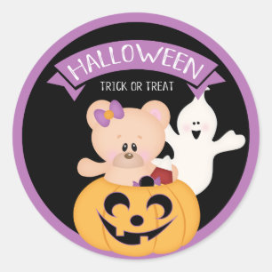 Halloween Girl Teddy Bear in Pumpkin Classic Round Sticker