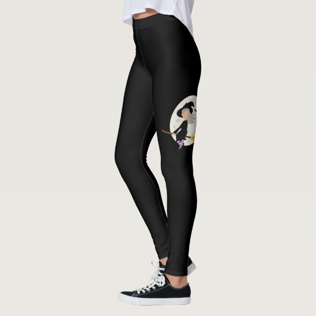 Halloween Girl Witch Flying By The Moon Black Leggings (Left)