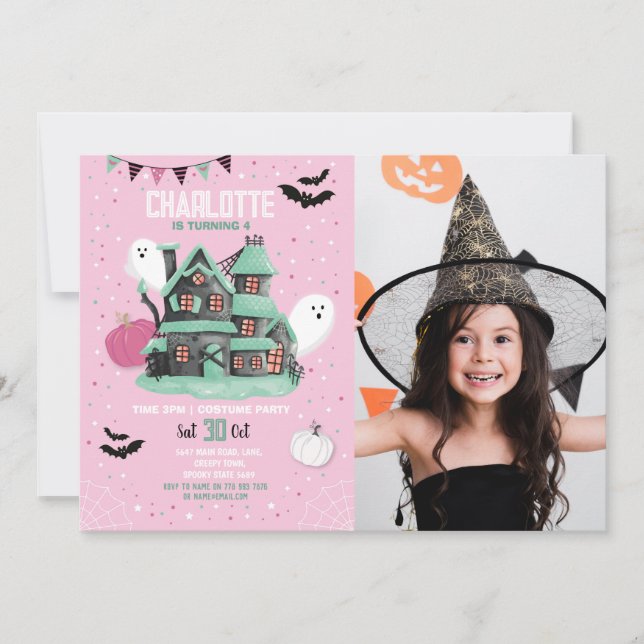 Halloween Girls Pink Fun House Party Ghosts Photo Invitation (Front)