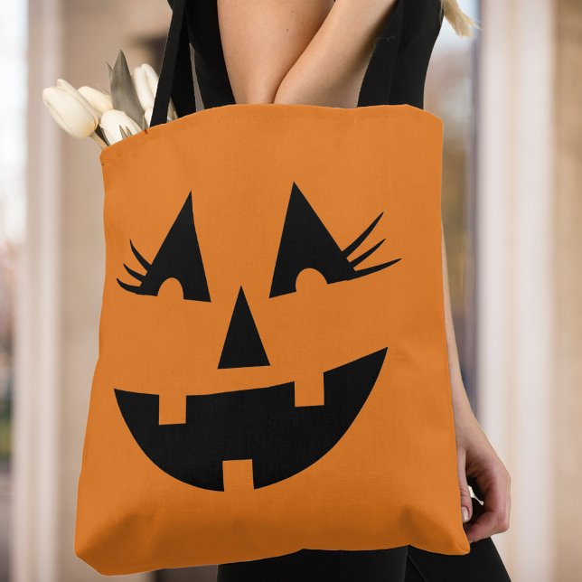 Halloween Girly Jack-O-Lantern Pumpkin Face Tote Bag (Halloween Girly Jack-O-Lantern Pumpkin Face Tote Bag)