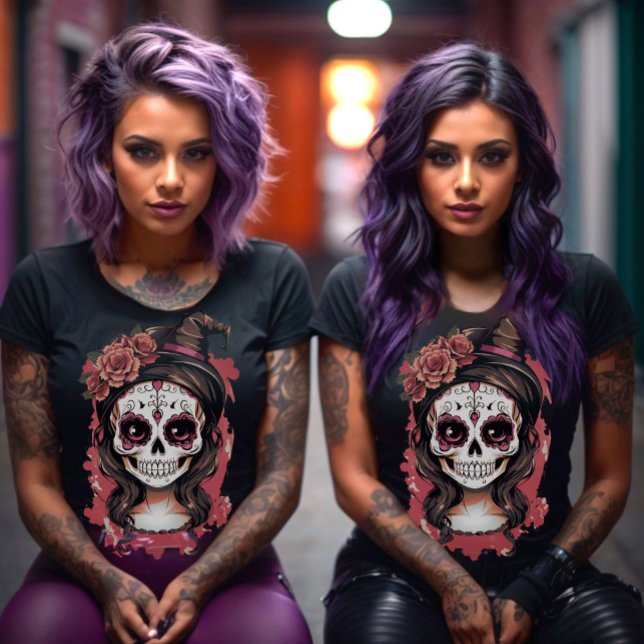 Halloween girly sugar skull T-Shirt (Halloween girly sugar calaca skull with with makeup, flowers and witch hat.)