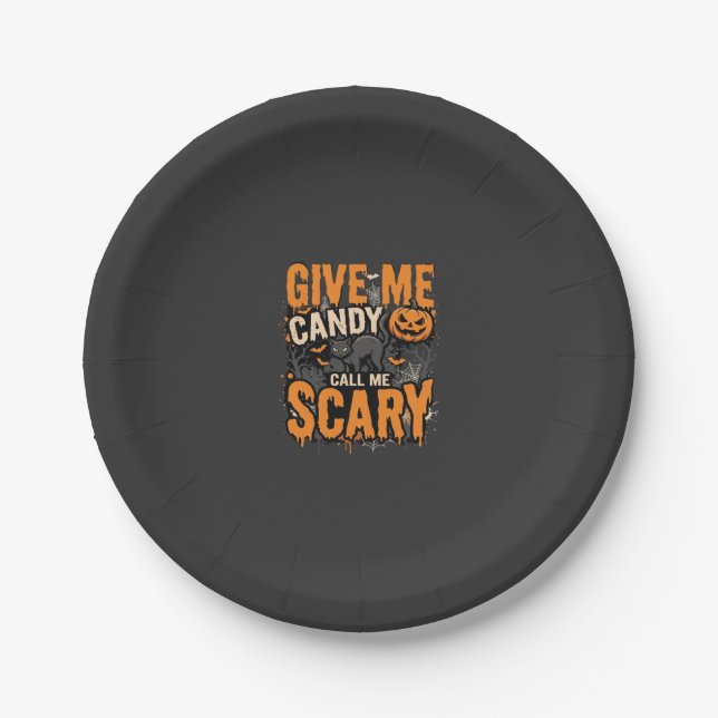Halloween Give Me Candy Scary Cat Paper Plate (Front)