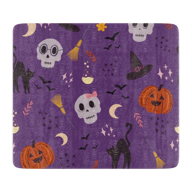 Halloween Glass Cutting Board – Skulls, Pumpkins (Front)