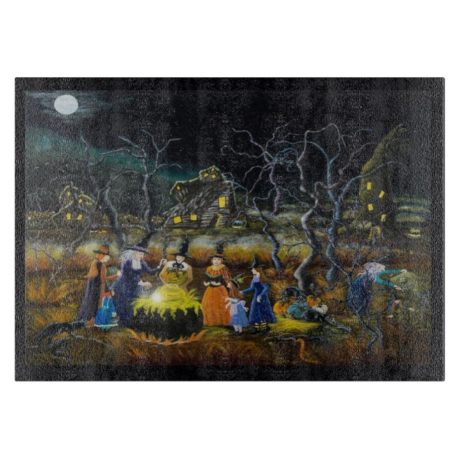 Halloween glass cutting board,witches at cauldron board (Front)