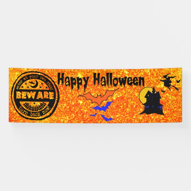 Halloween Glitter Haunted House Witch Banner (Horizontal)
