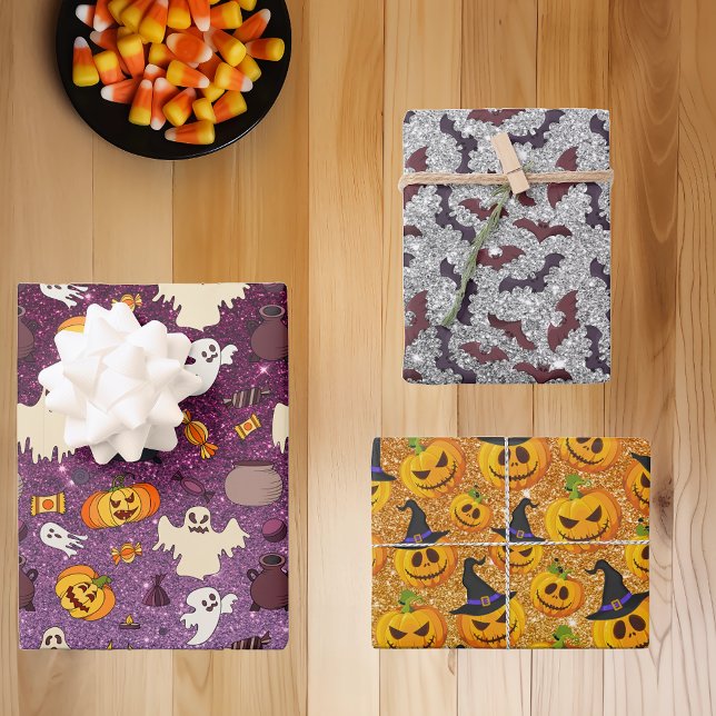 Halloween Glitter Look Ghosts Pumpkins Bat pattern Wrapping Paper Sheet (Creator Uploaded)