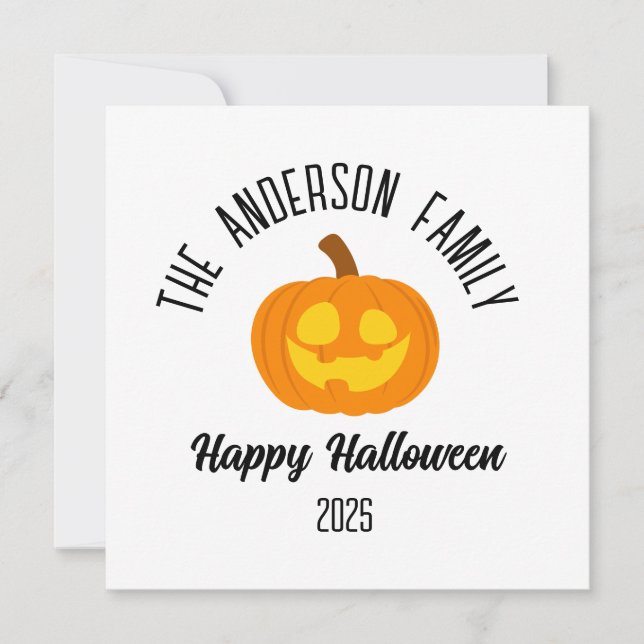 Halloween Glowing Pumpkin Face Personalised Name Holiday Card (Front)