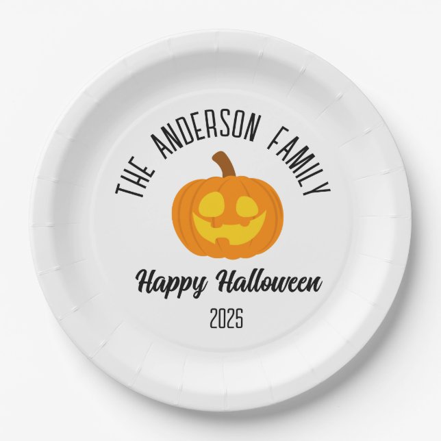 Halloween Glowing Pumpkin Face Personalised Name Paper Plate (Front)