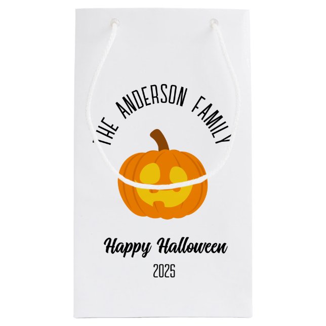 Halloween Glowing Pumpkin Face Personalised Name Small Gift Bag (Back)