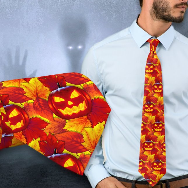 Halloween Glowing Pumpkin Fall Leaves Tie (Creator Uploaded)