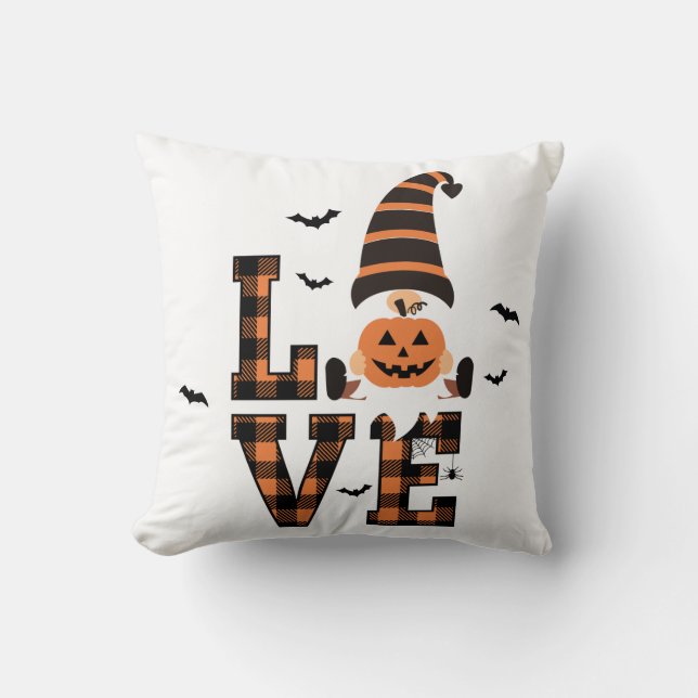 Halloween Gnome Tartan LOVE Black Orange Cushion (Front)