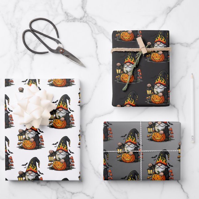 Halloween Gnome Wrapping Paper Flat Sheet Set of 3 (Front)