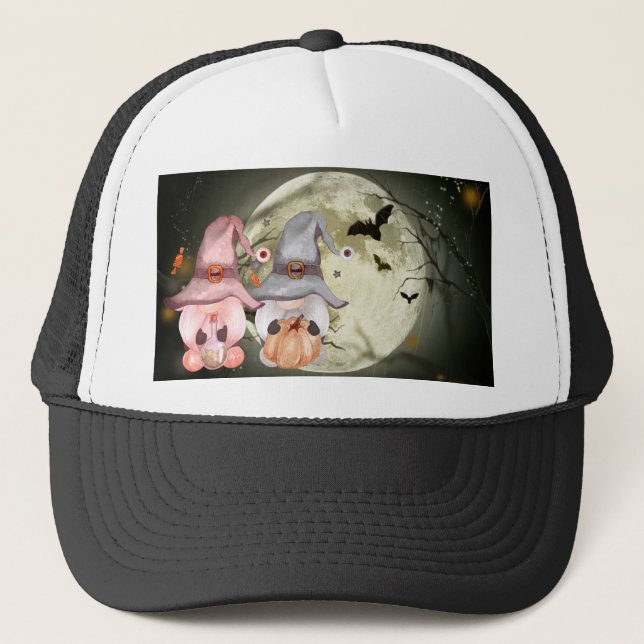Halloween Gnomes Couple Full Moon Trucker Hat (Front)