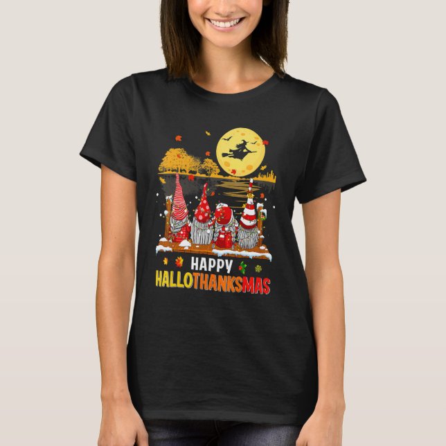 Halloween Gnomes Happy HalloThanksMas Thanksgiving T-Shirt (Front)