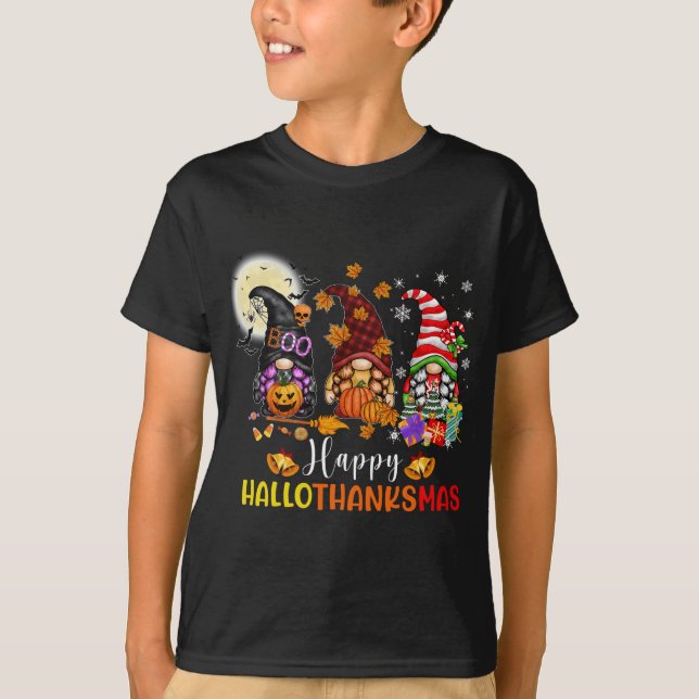 Halloween Gnomes Happy HalloThanksMas Thanksgiving T-Shirt (Front)