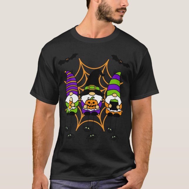 Halloween Gnomes In Spiderweb With Spiders Bats Ha T-Shirt (Front)