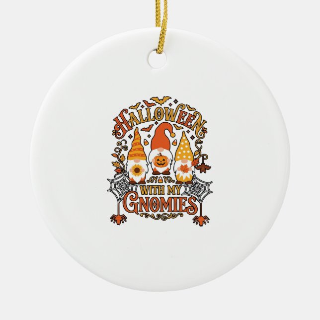 Halloween Gnomies Pumpkin Spider Web Bats_1 Ceramic Tree Decoration (Front)