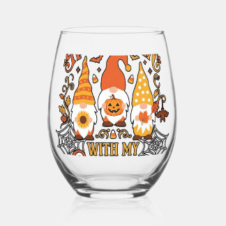Halloween Gnomies Pumpkin Spider Web Bats_1 Stemless Wine Glass
