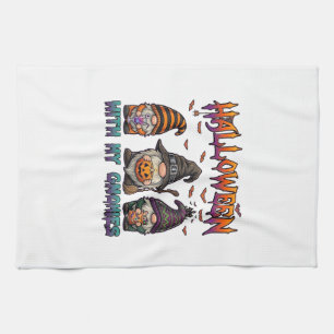Halloween Gnomies Three Gnomes Witch Hat Pumpkin_1 Tea Towel