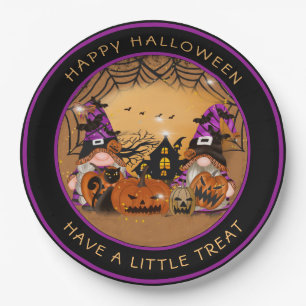 Halloween Gnones Pumpkins Spiderweb Haunted House Paper Plate