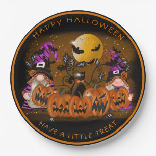 Halloween Gnones Scary Pumpkins Black Cat Bats Paper Plate