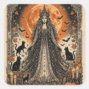 Halloween Goddess Vintage Gothic Witch Black Cat  Square Sticker
