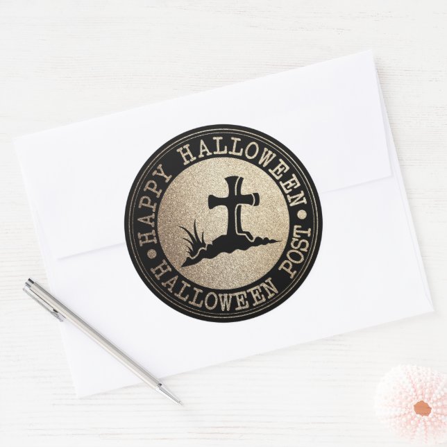 Halloween Gold And Black Stamp  Classic Round Sticker (Envelope)