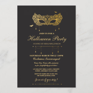 Halloween Gold Black Mask Masquerade Party Invite