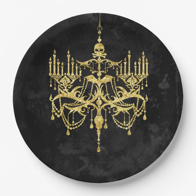 Halloween Gold Faux-Glitter Chandelier Paper Plate (Front)