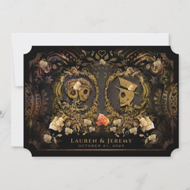 Halloween Golden Elegance Skeletons Wedding  Invit Invitation (Front)