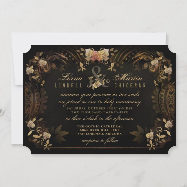 Halloween Golden Elegance Skeletons Wedding Invita Invitation (Back)