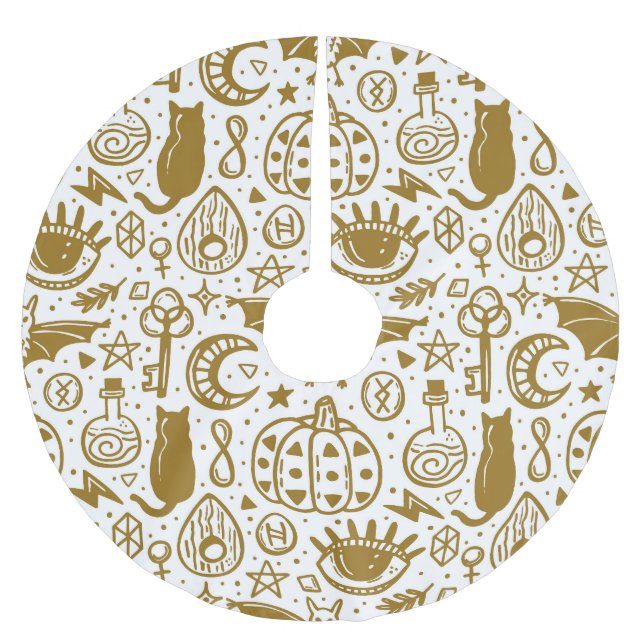 Halloween golden ink, seamless silhouette pattern. brushed polyester tree skirt (Front)
