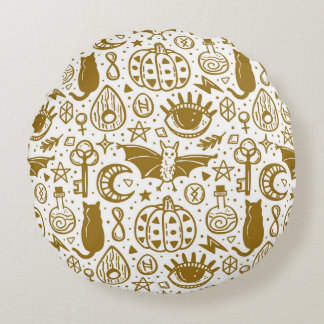 Halloween golden ink, seamless silhouette pattern. round cushion