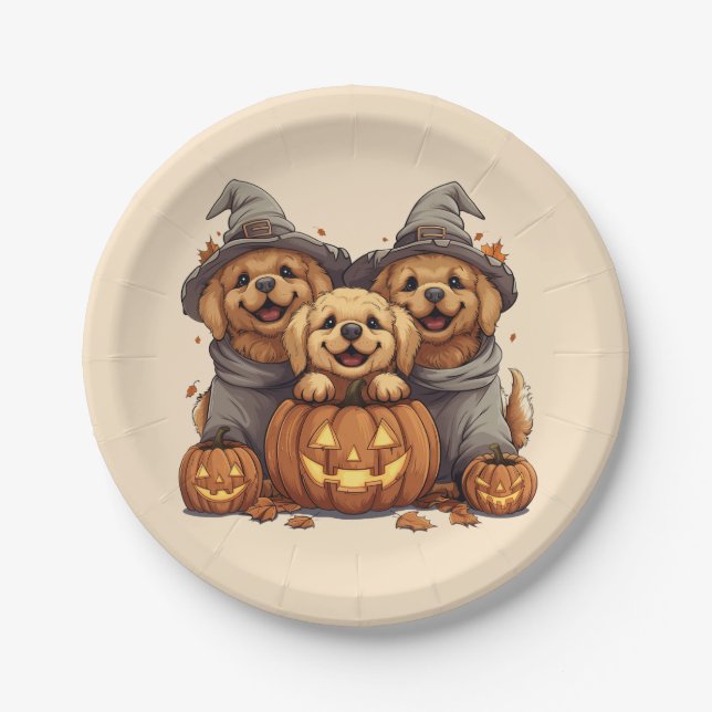 Halloween Golden Retriever Dogs Jack O Lantern Paper Plate (Front)