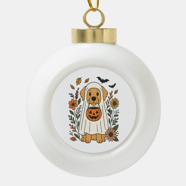 Halloween Golden Retriever Flowers Ceramic Ball Christmas Ornament (Front)