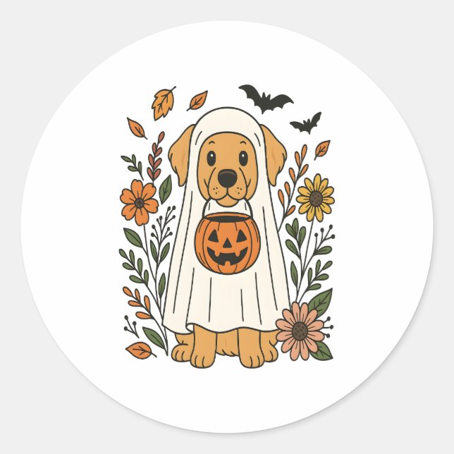 Halloween Golden Retriever Flowers Classic Round Sticker (Front)