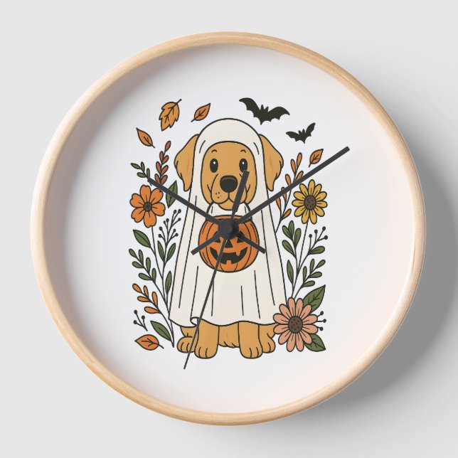 Halloween Golden Retriever Flowers Clock (Front)