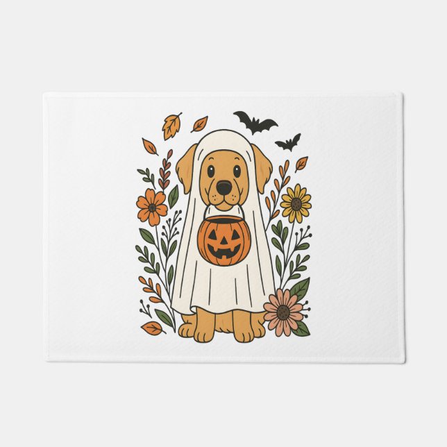 Halloween Golden Retriever Flowers Doormat (Front)