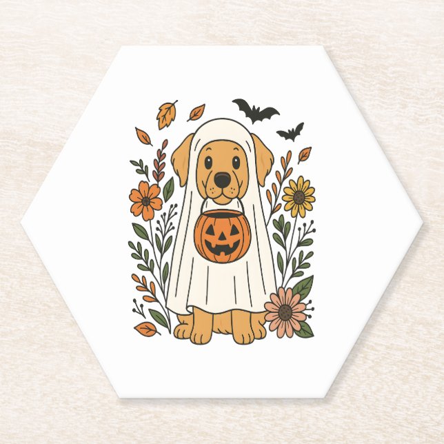 Halloween Golden Retriever Flowers Paper Coaster (Front)