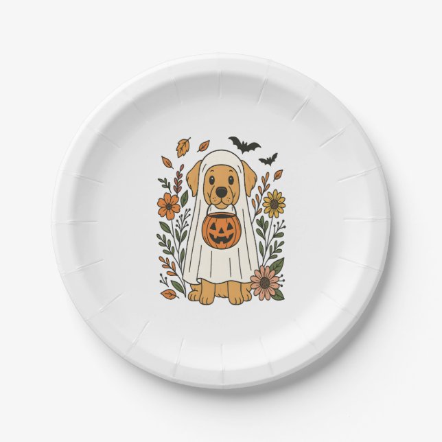 Halloween Golden Retriever Flowers Paper Plate (Front)
