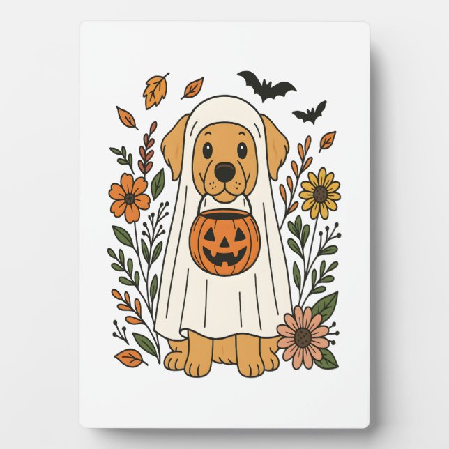 Halloween Golden Retriever Flowers Plaque (Front)