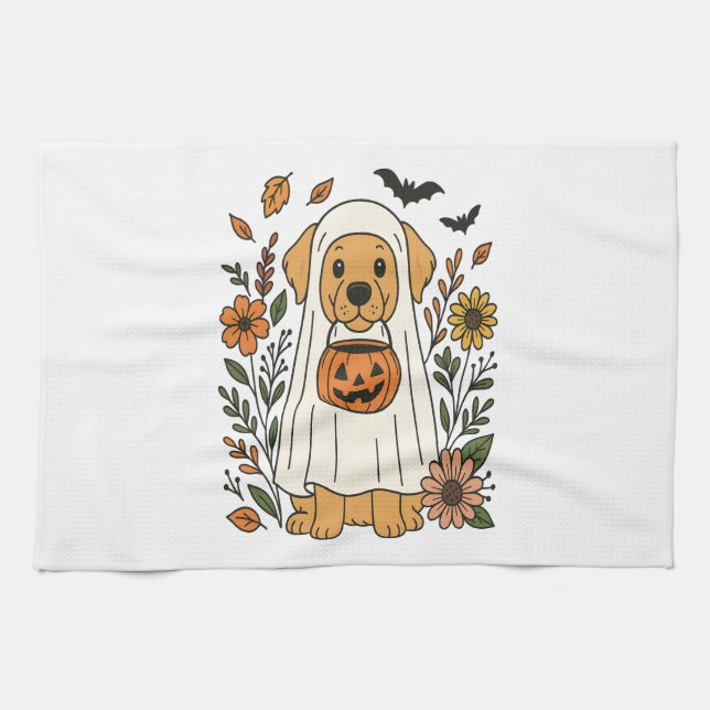 Halloween Golden Retriever Flowers Tea Towel (Horizontal)