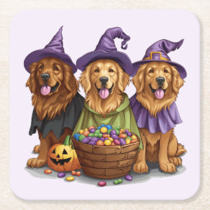 Halloween Golden Retriever Witch Dogs Square Paper Coaster