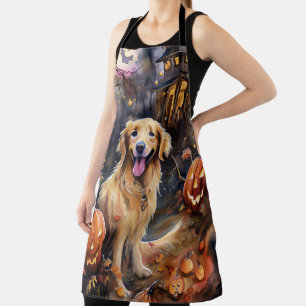 Halloween Golden Retriever With Pumpkins Scary Apron