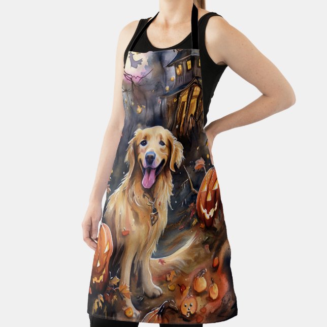 Halloween Golden Retriever With Pumpkins Scary Apron (Insitu)