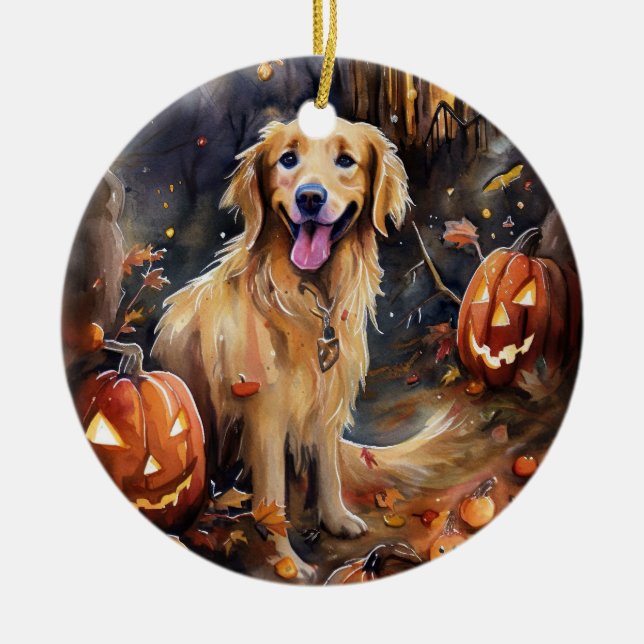 Halloween Golden Retriever With Pumpkins Scary Ceramic Tree Decoration (Front)