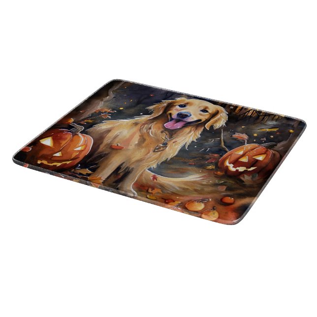 Halloween Golden Retriever With Pumpkins Scary Cutting Board (Corner)
